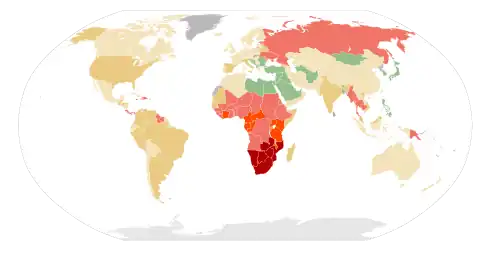 alt=Estimated prevalence in % of HIV among young adults (15–49) per country as of 2011.[47] &nbsp;&nbsp;No data &nbsp;&nbsp;<0.10 &nbsp;&nbsp;0.10–0.5 &nbsp;&nbsp;0.5–1 &nbsp;&nbsp;1–5 &nbsp;&nbsp;5–15 &nbsp;&nbsp;15–50