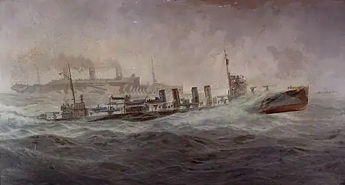 USS Leviathan escorted by USS Allen, both in dazzle camouflage, painted by Burnell Poole, 1918