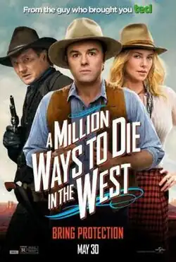 Three people dressed in Western style. On the left in the background a man dressed in dark colors with a gun held high. In the center a man in a blue shirt with a brown waistcoat, and behind him to his right a blonde woman