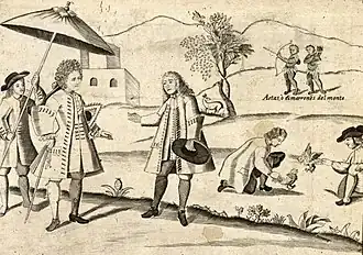A Spaniard and Criollo talking, while Natives are cockfight. Aetas also in the background. detail from Carta Hydrographica y Chorographica de las Yslas Filipinas(1734).