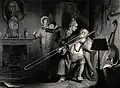 A young man is shouting at a man playing the trombone after Robert William Buss.