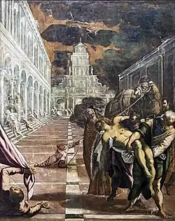 Venetian merchants with the help of two Greek monks take Mark the Evangelist's body to Venice, by Tintoretto