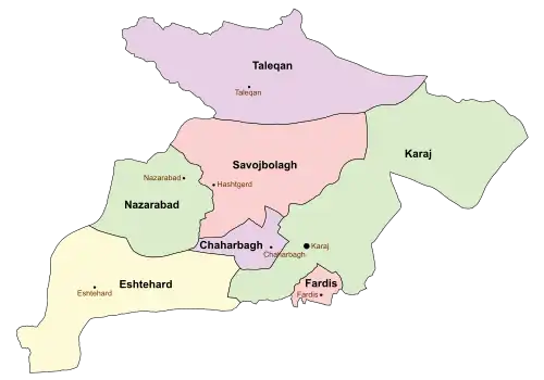 Location of Chaharbagh County in&nbsp;Alborz&nbsp;province (center, purple)