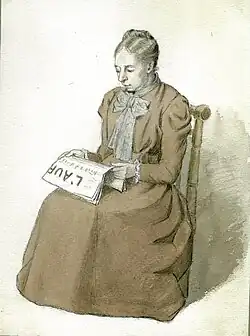 Portrait of Alix Payen, sitting in a chair, reading a newspaper. She is drawn in three-quarter view, with her hair tied back and in a brown dress.
