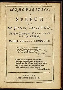 Image 8First page of John Milton's 1644 edition of Areopagitica (from Freedom of the press)