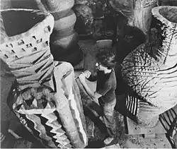 Sculptor Arnold Zimmerman, at work on a monumental sculpture in his studio in 1982.