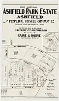 Ashfield Park Estate, 1904, Raine and Horne, under the will of late T H Kelly, lithograph William Brooks