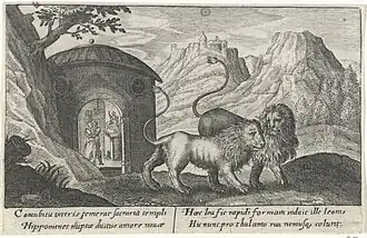 A woodcut engraving of the transformation of Atalanta and Hippomenes. Rijksmuseum