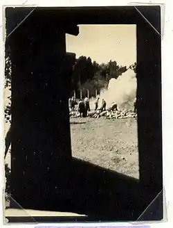 No 281 Sonderkommando in Auschwitz-Birkenau, August 1944 (clandestine photo) Burning of the dead bodies [part of 282 seen at left]