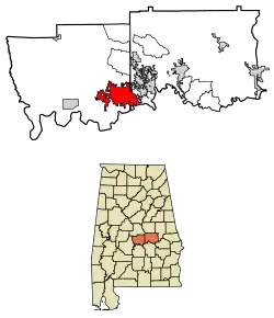 Location of Prattville in Autauga County and Elmore County, Alabama.