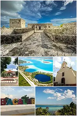 Left to right: San Felipe de Bacalar Fort · Kiosk · Natural cenote · San Joaquín parish · Monumental letters · View of Laguna de los Siete Colores