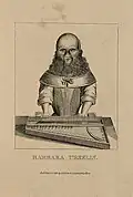 Etching with stipple of a woman with a hairy face playing the harpsichord