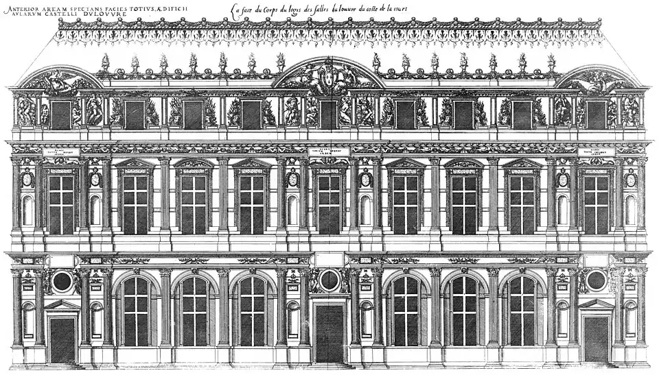 Lescot's façade illustrated in Les Plus Excellents Bâtiments de France (1576) by Jacques I Androuet du Cerceau