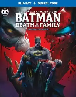 Batman carries an injured Robin, while the Joker and Red Hood, half of their faces each, are seen in the background.