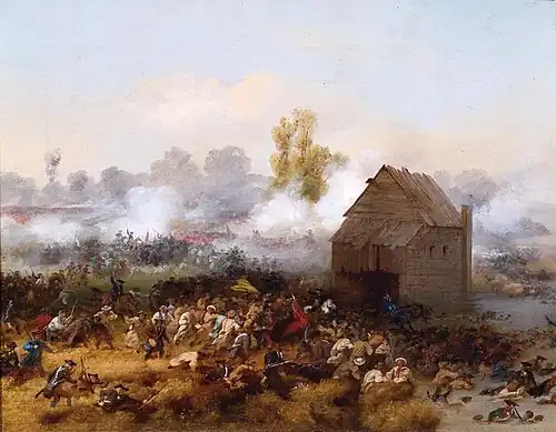 A wooden mill house is surrounded by battle. The smoke and haze of battle obscures much of the background, but formations of red-coated soldiers are visible through it. Small figures, some clearly uniformed, others not obviously so, fight in the foreground.