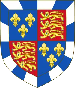 Quarterly: 1st and 4th: azure three fleur-de-lis Or; 2nd and 3rd: gules three leopards Or; overall a bordure compony argent and azure