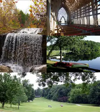 Clockwise, from top: Mildred B. Cooper Memorial Chapel, Lake Ann, Bella Vista golf, and a waterfall along Tanyard Creek
