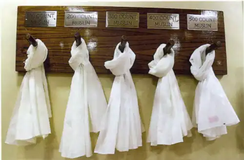 Display of Bengal muslin fabrics, which are woven from 100 count to 500 count yarns