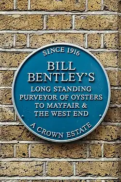 The Bentley's Oyster Bar Blue Plaque, detailing its history