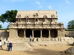 Bhima Ratha temple with rows of kalasha (now damaged) at Mahabalipuram, 600s CE.