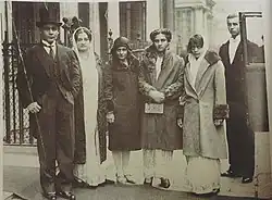 Bhopal royal family. From left to right: Nawab Hamidullah Khan, his wife Maimoona Sultan, their daughters, Rabia Sultan, Abida Sultan, Sajida Sultan in London