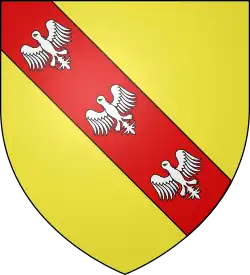 Or a bend gules, three alerions argent