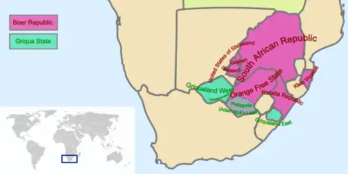 Boer Republics in pink, Klein Vrystaat is the easternmost of the Boer Republics