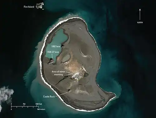 Bogoslof Island on April 20, 2018, showing the significant post-eruption terrain change.