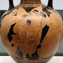 Boreas takes Oreithyia as Herse tries to help her sister, Attic red-figure pointed amphora, 470–460 BC.