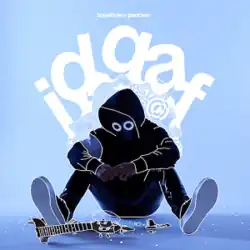 BoyWithUke outlined in white sitting on the floor in a blue-white room with a broken ukelele in front of him, with "IDGAF" written around him