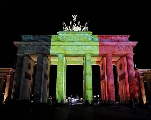 Lit up with the colours of the Belgian flag after the 2016 Brussels bombings