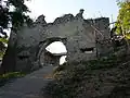 The lower gatehouse (16th century) undergoing preservation works (July 2015)