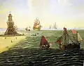 Historical painting of Bremer Bake and sandbank Hohe Weg (1790)