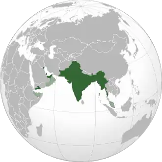 Overall territorial control of British India. Muscat and Oman in light green were under partial control, while Somaliland and Malaya were ruled by British India for only a few years. Aden was separated in 1937.
