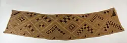 Cloth; raffia; 20.3 x 85.7&nbsp;cm (8 x 333⁄4 in.); Brooklyn Museum. In Kuba culture, men are responsible for raffia palm cultivation and the weaving of raffia cloth.[75] Several types of raffia cloth are produced for different purposes, the most common form of which is a plain woven cloth that is used as the foundation for decorated textile production.