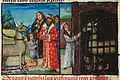 Folio 34v.: Bucephalus being presented to Philip; Bucephalus in a cage with the remains of condemned criminals, being tamed by Alexander.