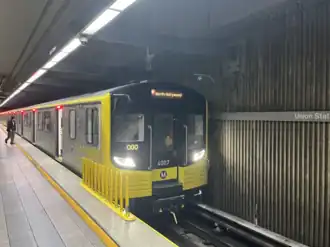 A Metro Rail train arriving at Los Angeles Union Station
