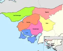 A map showing the sectors of Guinea-Bissau; Canchungo is on the bottom right in pink.