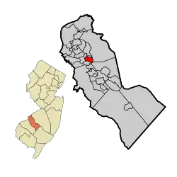 Location of Lawnside in Camden County highlighted in red (right). Inset map: Location of Camden County in New Jersey highlighted in orange (left).