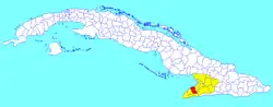 Campechuela municipality (red) within Granma Province (yellow) and Cuba
