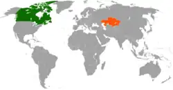Map indicating locations of Canada and Kazakhstan
