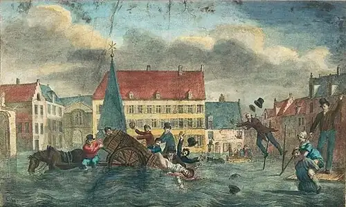 Cartoon showing the Place Saint-Géry/Sint-Goriksplein during the flood of January 1820