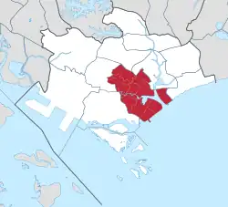 The Central Area (in red) of Singapore today, mostly corresponds with the former city from 1965.