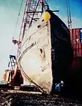 Chacon's hull after lifting for transport.