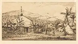 A drawing of an elaborate hut on an island