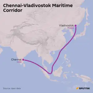 Map of NSTC with drawn lines for overland and maritime routes