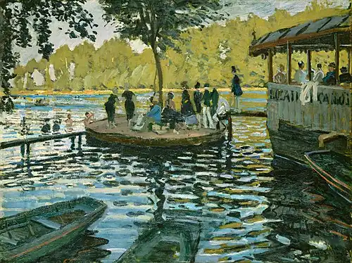 La Grenouillére 1869, Metropolitan Museum of Art, New York; a small plein-air painting created with broad strokes of intense colour.[70]