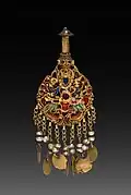 Earring with Vishnu riding Garuda; c. 1600; gold set with jewels and semi-precious stones; overall: 2.6 centimetres (1.0&nbsp;in); from Nepal; Cleveland Museum of Art (Cleveland)
