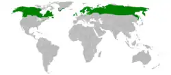Map of the world, with colored areas indicating the species occurs in the Arctic and Subarctic regions