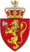 A variant with additional lion rampant Or, crowned and bearing axe Or with blade Argent in crest.